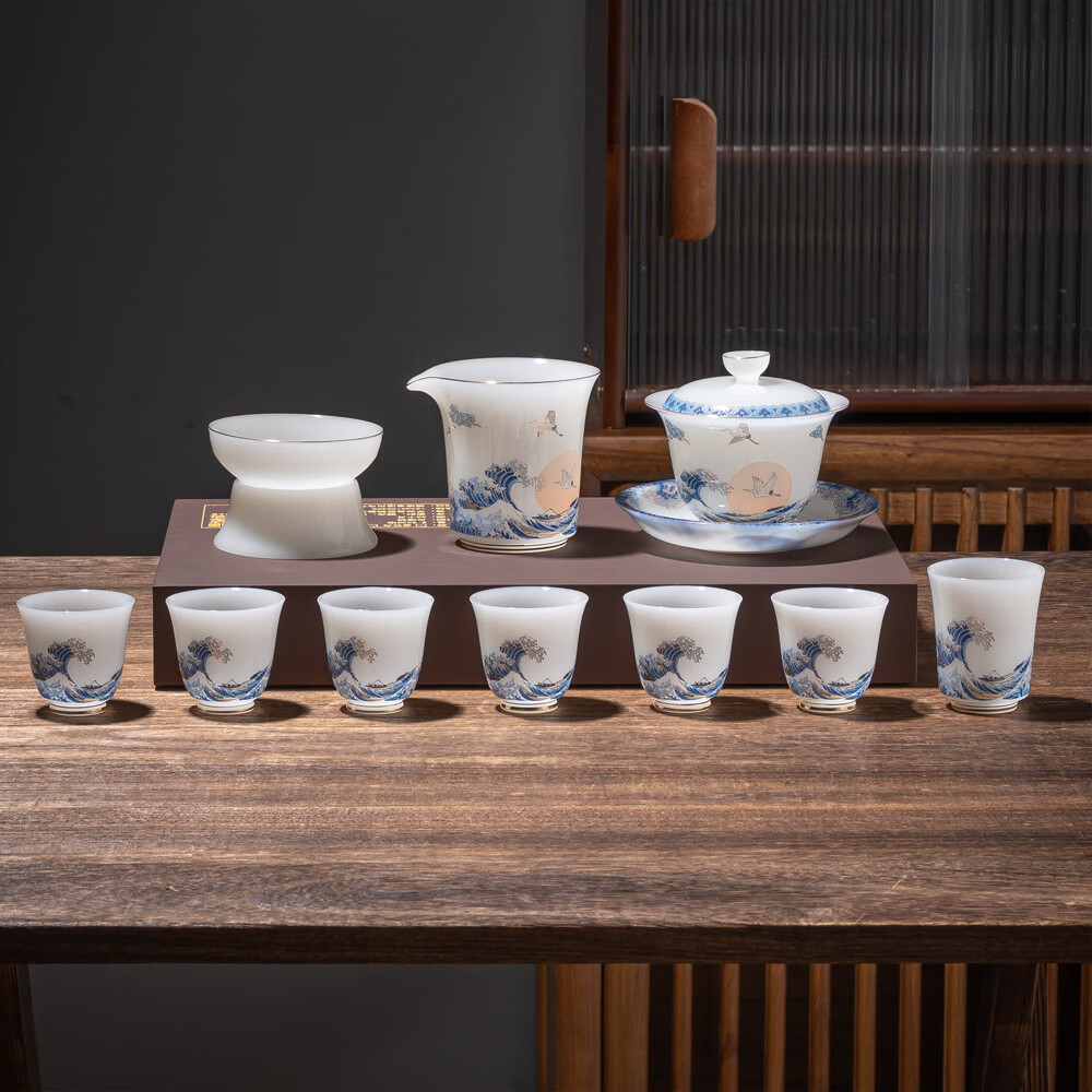 璞玉瓷华鹤潮升高档羊脂玉白瓷茶具套装老板茶具办公楼茶礼品 纯白 6人饮 1件