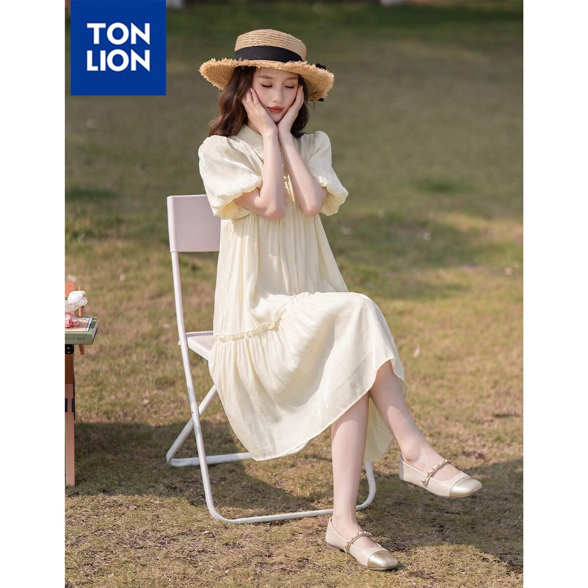 唐狮（TonLion）女衬衫领泡泡袖短袖连衣裙 米黄色 M