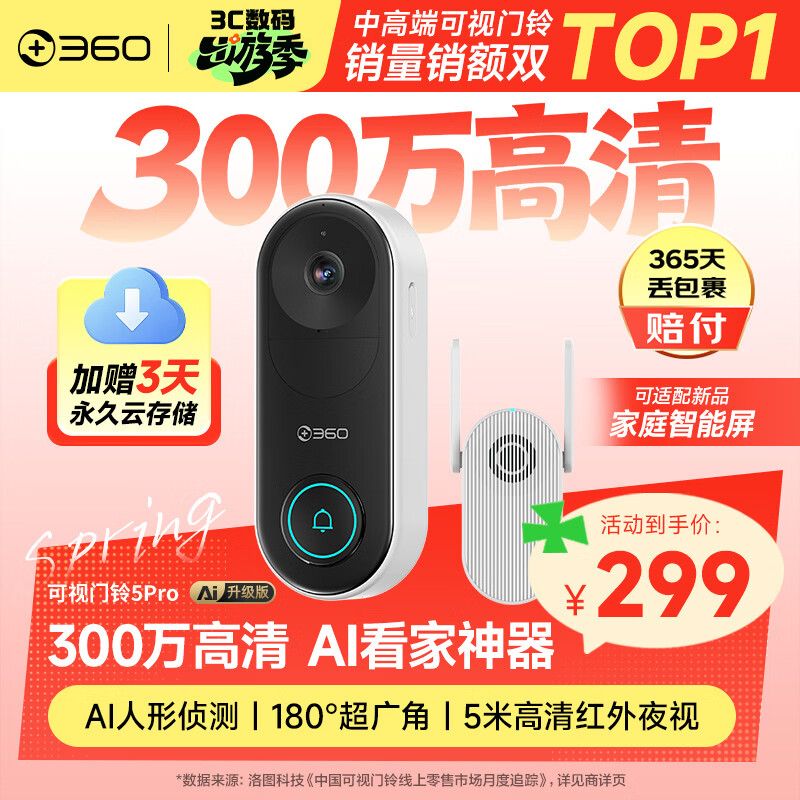 360可视门铃5Pro 300万家用监控摄像头智能猫眼红外夜视远程双向通话