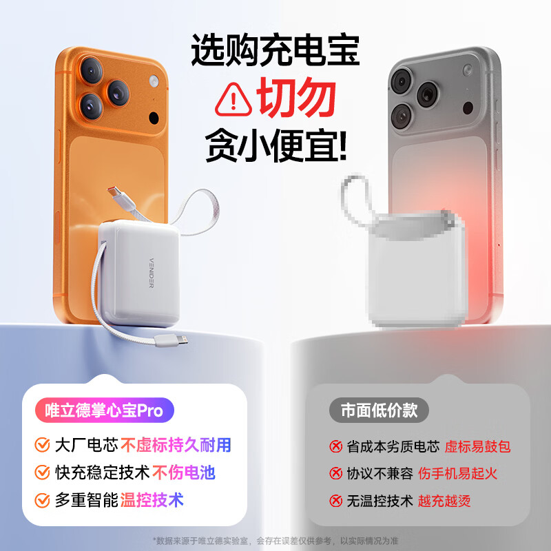 VENIDER【热销1000W+丨2025年新款小方块】充电宝国家3C安全认证可上飞机高铁小巧自带双线适用于苹果华为 【云汀蓝-升级Pro版丨自带线10000mAh】 10000毫安大容量丨最新国标3C认证丨双线闪充