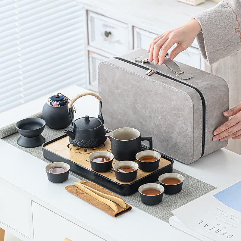 星舵旅行茶具套装茶盘家用功夫茶杯户外便携式泡茶壶陶瓷商务礼品 绿/提梁壶16头礼盒