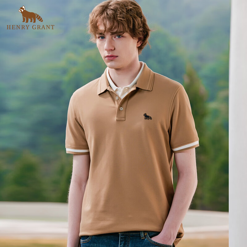亨利·格兰小熊猫男装2025夏季新品短袖t恤撞色polo衫 咖色 3XL 54