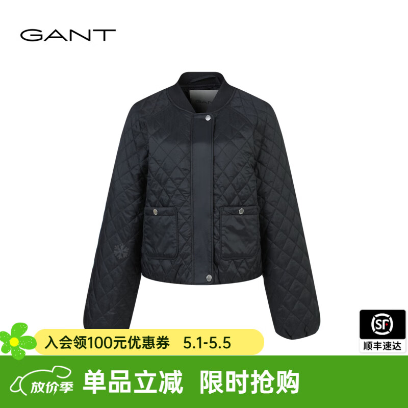 GANT/甘特2024冬季新款女士宽松简约纯色菱格休闲棒球领棉服外套 500-黑色 2XL