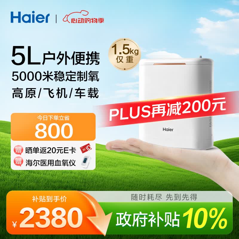 海尔（Haier）便携式制氧机5L升随身老人户外高原车载旅游吸氧气机充电带5H