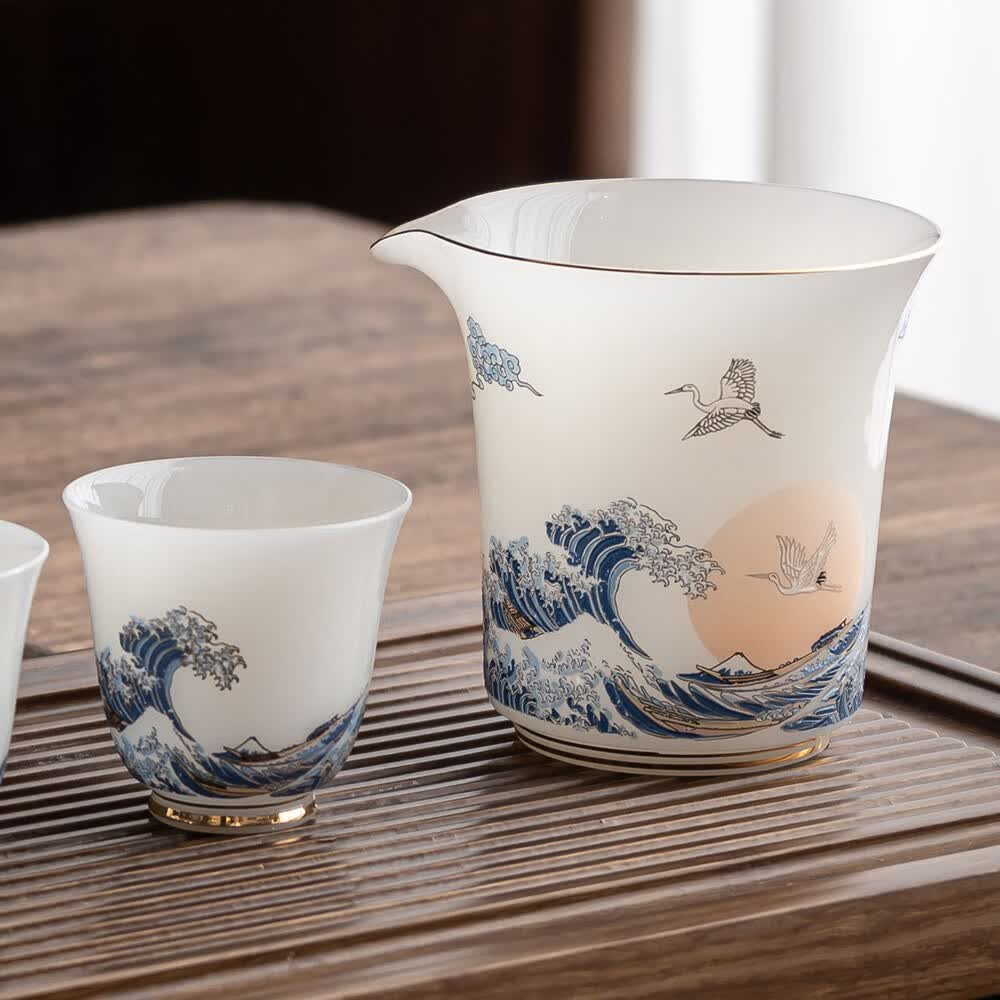 璞玉瓷华鹤潮升高档羊脂玉白瓷茶具套装老板茶具办公楼茶礼品 纯白 6人饮 1件