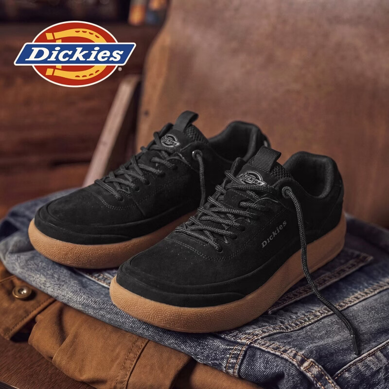 Dickies品牌男鞋2026秋季新款真皮板鞋户外运动鞋厚底耐磨百搭复古休闲鞋 黑色 42