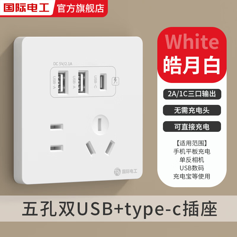 国际电工86型暗装20W快充USB插座开关面板墙壁手机充电Type-c家用五孔插座 五孔2.1AUSB+type-c【白色】