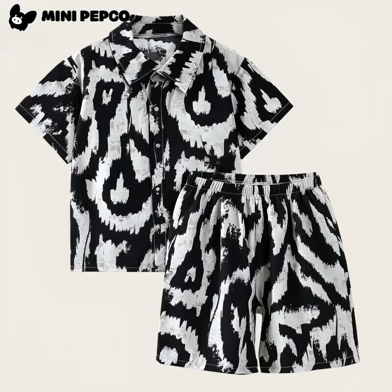 小猪班纳（PEPCO）儿童套装新款韩版短袖短裤衬衫两件套海滩 衬衣套装鹦鹉树 100 cm