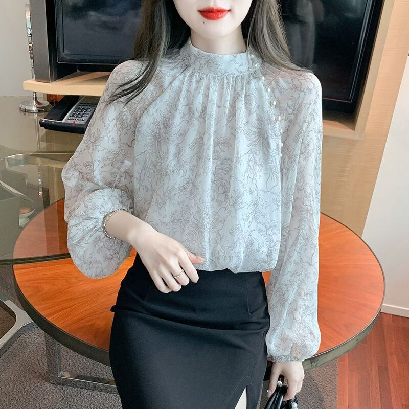 【轻奢百搭】碎花雪纺衬衫女长袖时尚气质设计感小衫立领上衣 水墨色（图片款） 2XL 125-135斤