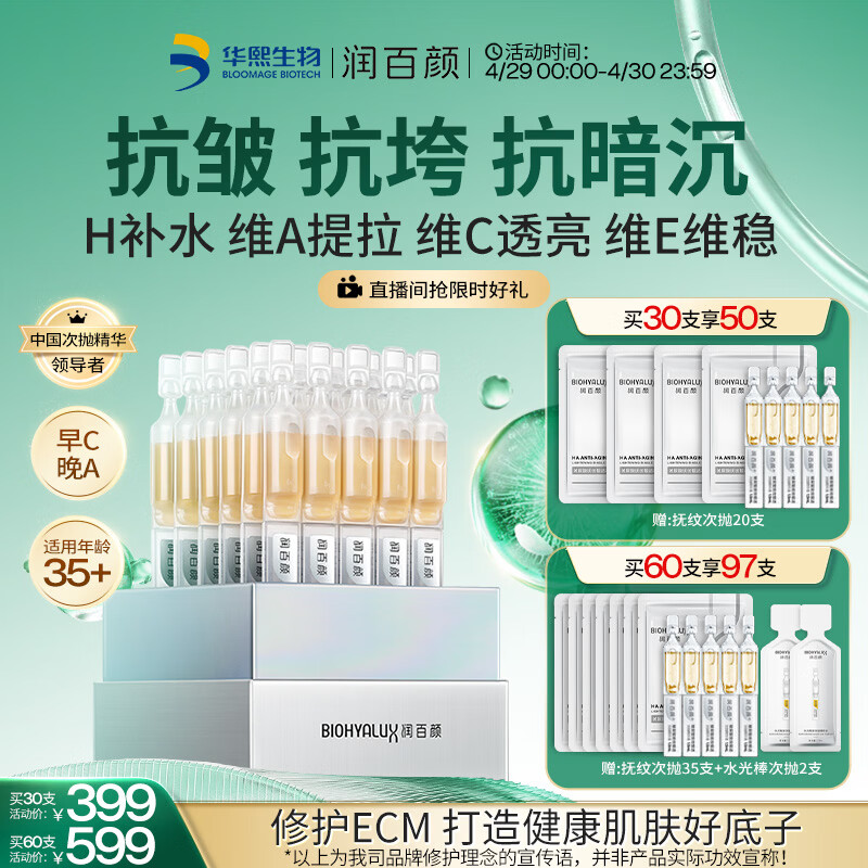 润百颜华熙生物HACE次抛精华30支早C晚A抗皱紧致护肤品母亲节礼物
