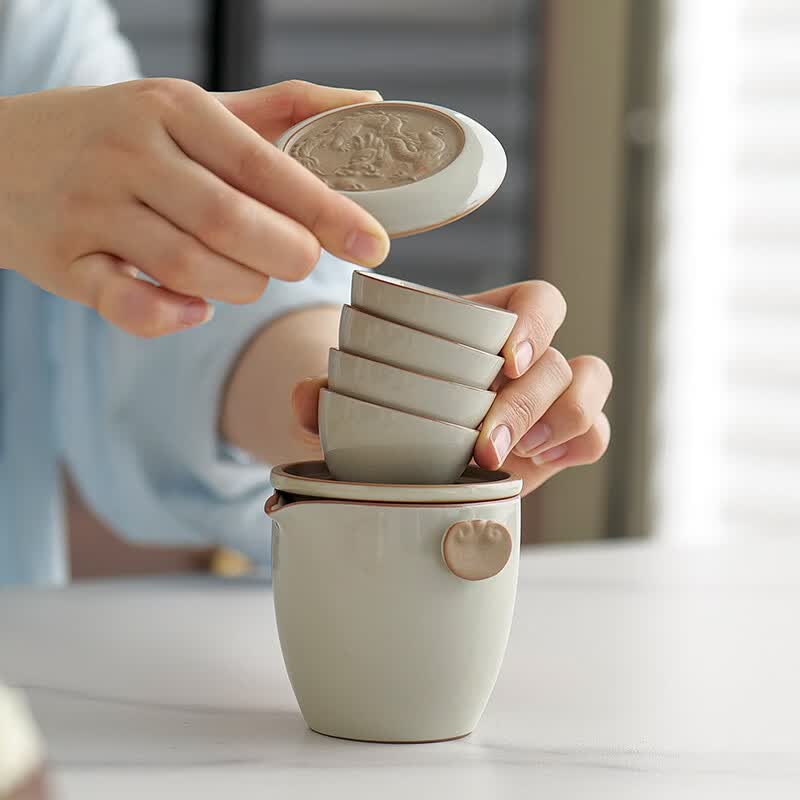 溥畔汝窑旅行茶具套装便携式快客杯户外露营泡茶壶功夫茶杯一人饮茶具 米黄汝窑小菊朵手抓壶单壶