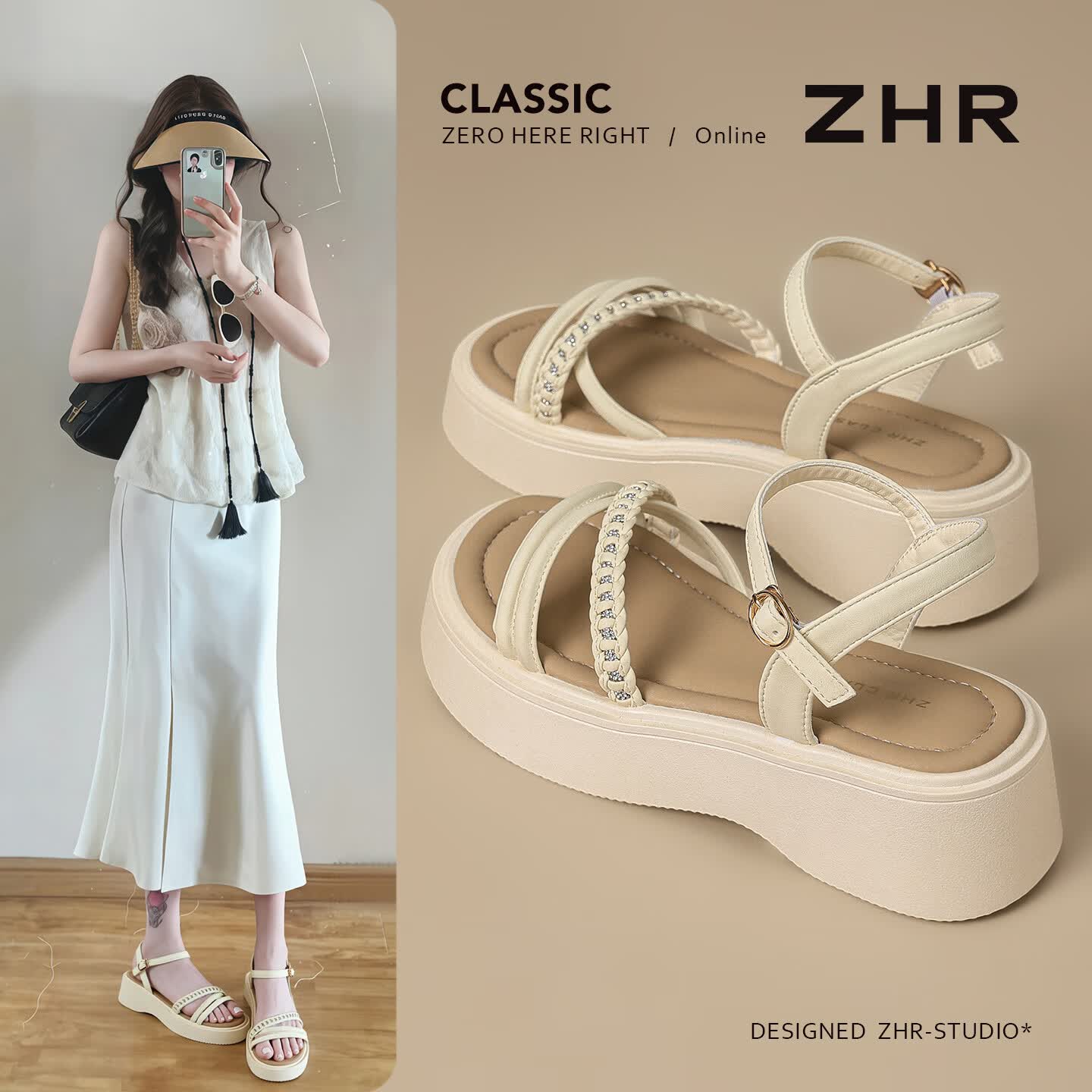 ZHR则则凉鞋女夏季厚底增高女鞋配裙子一字带软底鞋子女KD171米色37