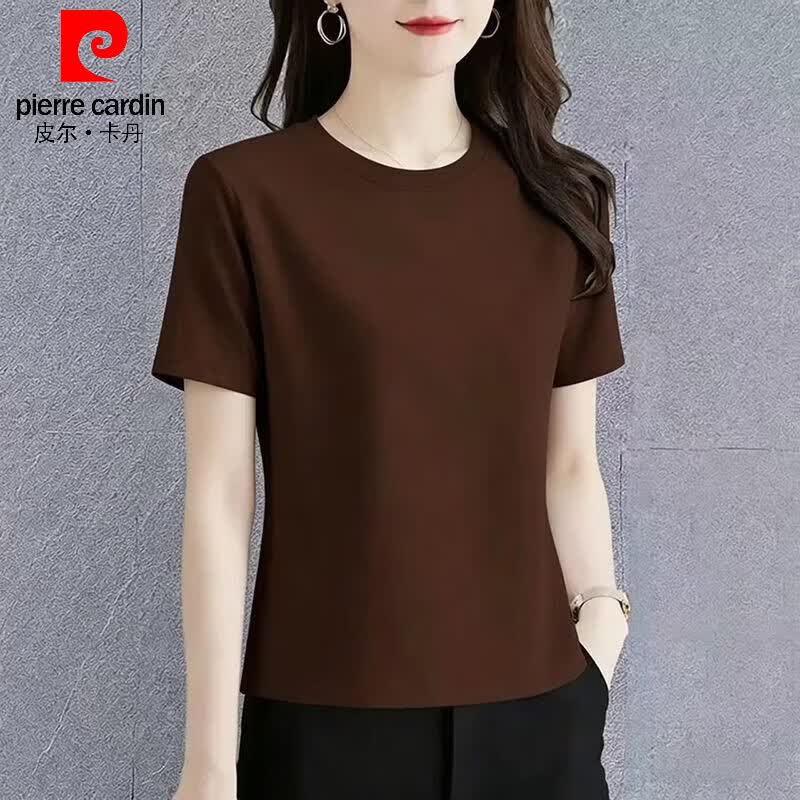 皮尔卡丹（pierre cardin）纯棉简约酒红色短袖t恤女夏季2026新款圆领薄款修身百搭女装上衣 【酒红色】 2XL 建议125-135斤