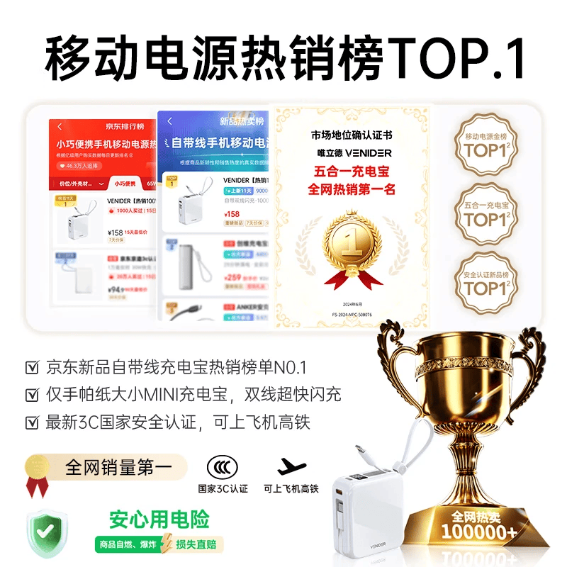 VENIDER【热销1000W+丨2025年新款小方块】充电宝国家3C安全认证可上飞机高铁小巧自带双线适用于苹果华为 【云汀蓝-升级Pro版丨自带线10000mAh】 10000毫安大容量丨最新国标3C认证丨双线闪充