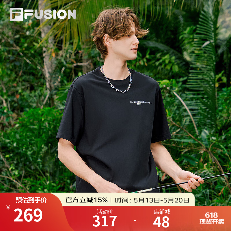 FILA FUSION斐乐潮牌男子针织短袖衫夏季时尚休闲宽松T恤 正黑色-BK L 175/96A/L