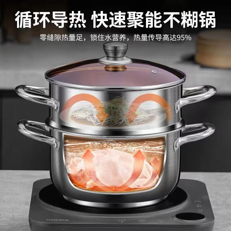 【精选】24CM双层汤锅家用大容量汤蒸锅厨房炖汤多用蒸煮锅 双耳汤锅透明盖【普通款】 18cm