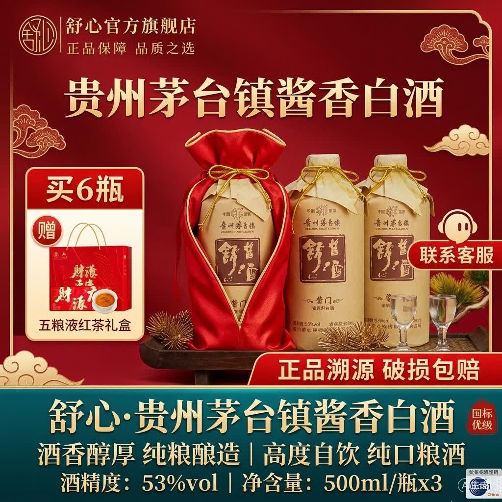 舒心 贵州茅台镇53度酱香型白酒 好喝不贵 酒香醇厚 纯口粮酿造高粱酒 53度 500mL 1瓶 (酱门1.0) 尝鲜价
