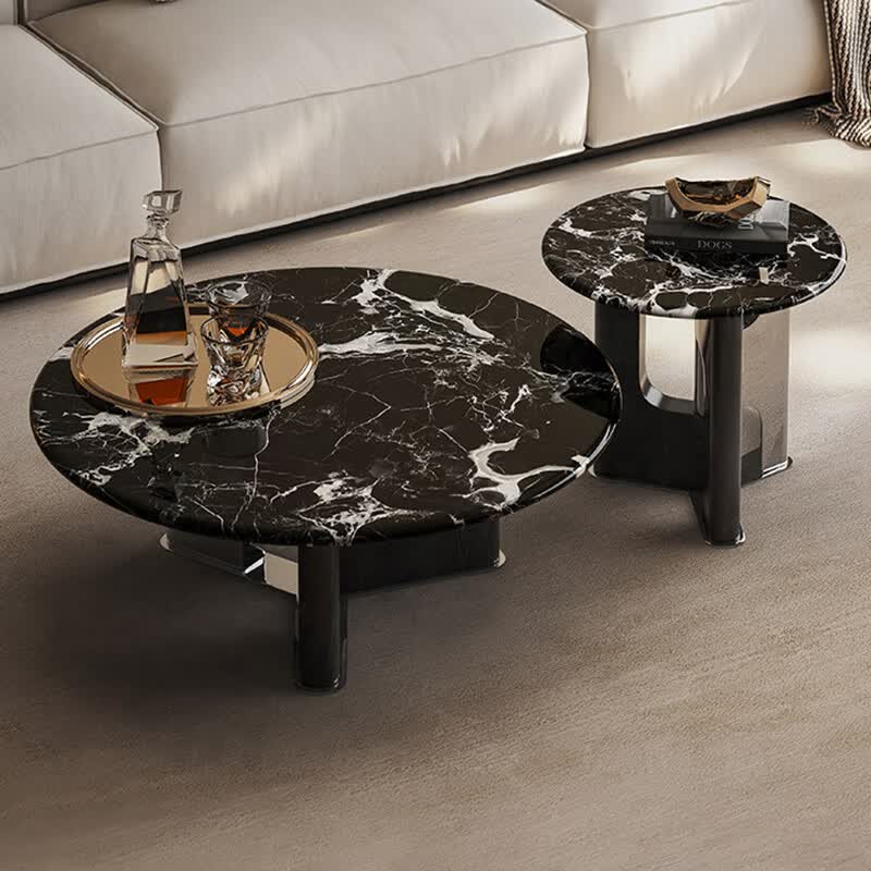 蒂梵拉意式极简黑玫瑰天然奢石茶几别墅客厅家用可移动边几圆形茶几组合 0.9米圆茶几+边几【威尼斯棕天然奢石】