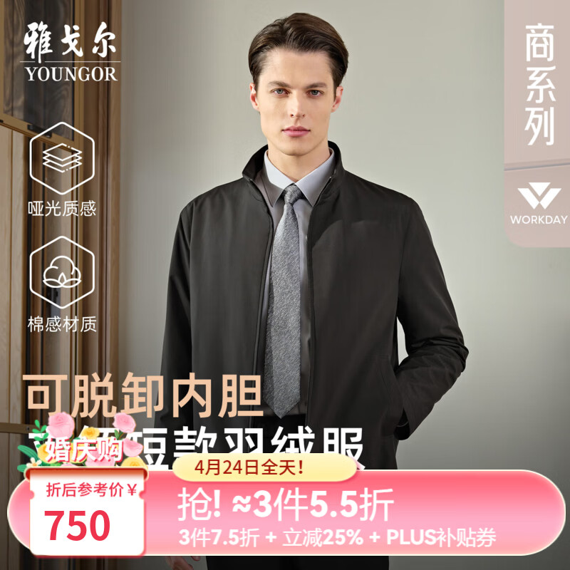 雅戈尔（YOUNGOR）羽绒服男精致立领商务羽绒舒适休闲可脱卸鹅绒内胆两穿2025新品 黑色VSYW419869ALA L 175/96A （推荐130-150斤）