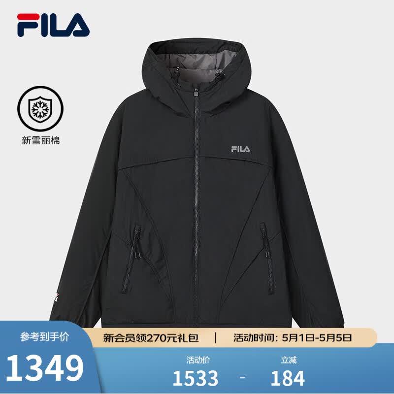 FILA 斐乐官方男士棉服2026春新款时尚休闲宽松上衣保暖连帽外套 暗流黑-BK L 175/96A/L