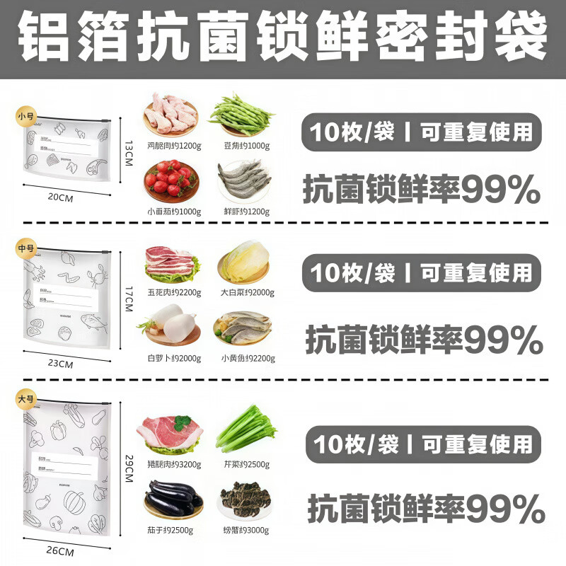 咏幻铝箔保鲜袋密封袋滑索加厚家用冰箱食物保鲜冷冻专用收纳袋 1 加厚款小号+中号+大号【各10个】滑锁密封 铝箔保鲜