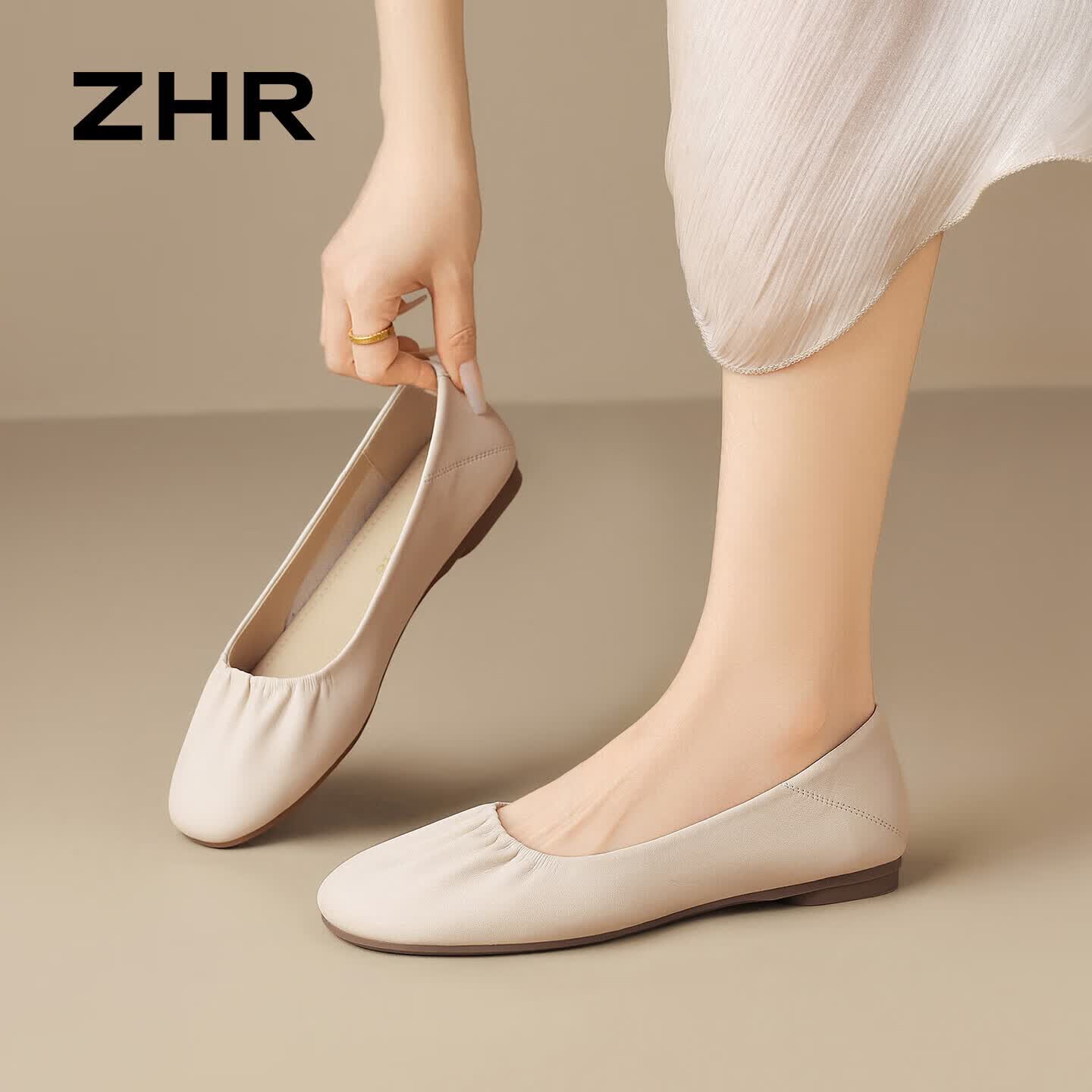 ZHR则则平底单鞋女夏2026新款法式瓢鞋浅口软底通勤豆豆女鞋 AZ66米色39