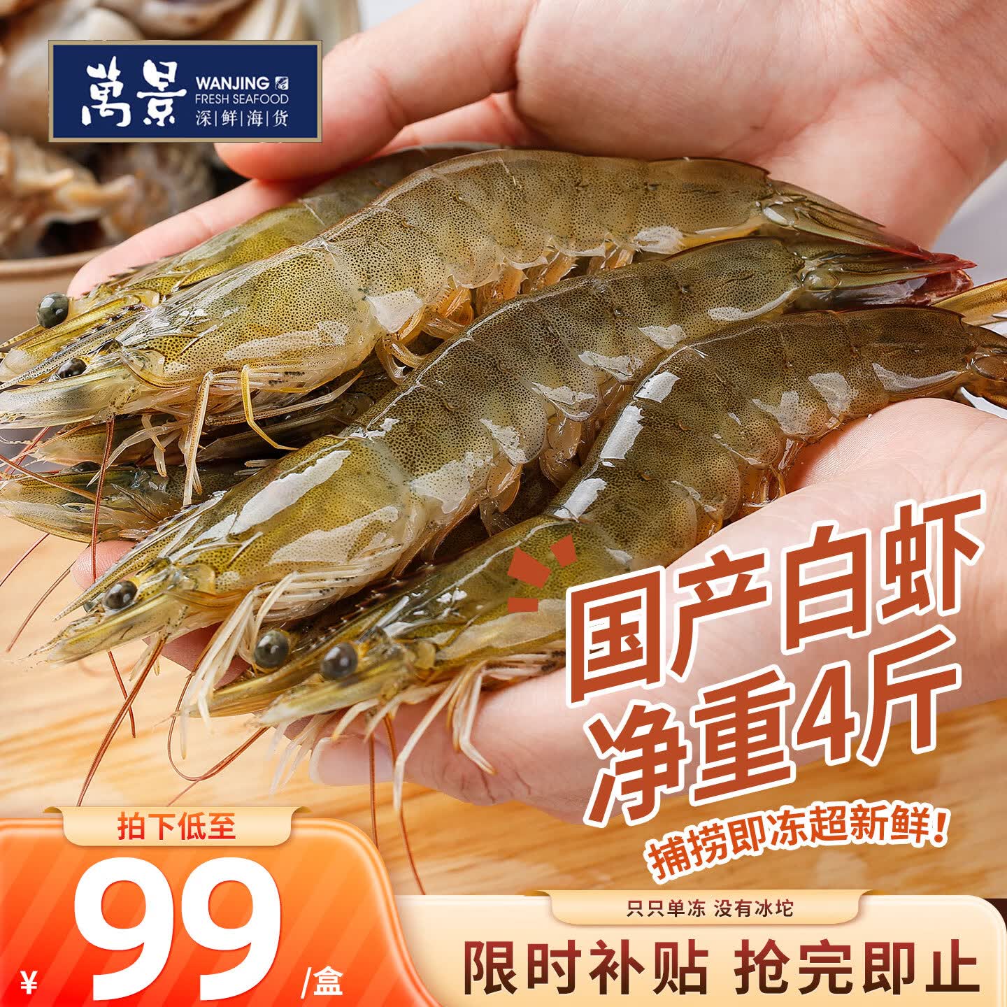 万景国产大虾 盐冻北海白虾(大号) 80-100只净重4斤 聚餐 海鲜