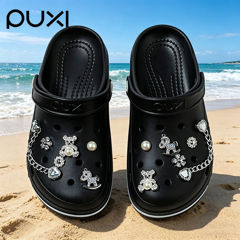 朴西洞洞鞋【带鞋花】女款夏季2026新款外穿厚底沙滩包头凉拖鞋女 抹茶绿 +炫彩爱心链条鞋花 39-40 【脚宽拍大一码】