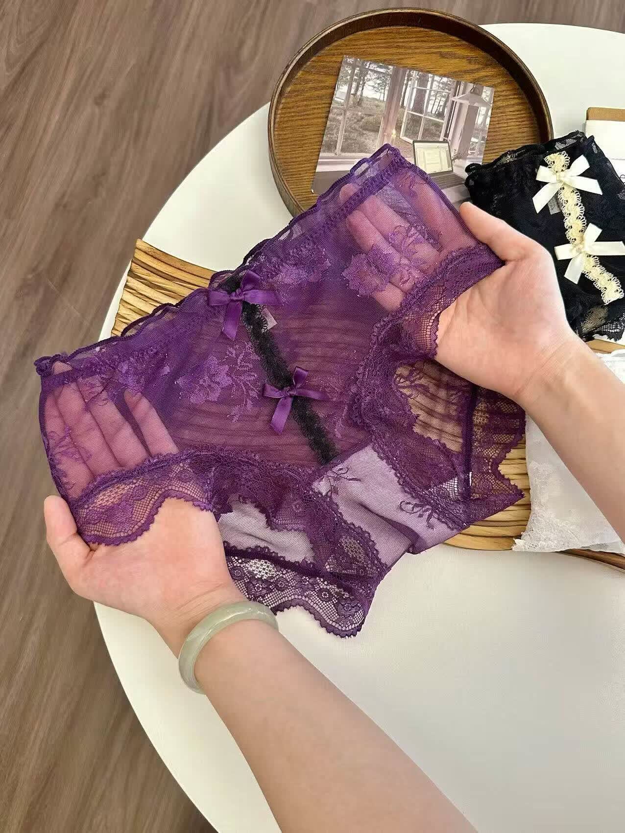芭蕾风性感纯欲蕾丝女内裤中高腰透气纯棉10抑菌档三角裤女 紫色 XL 建议120-140斤
