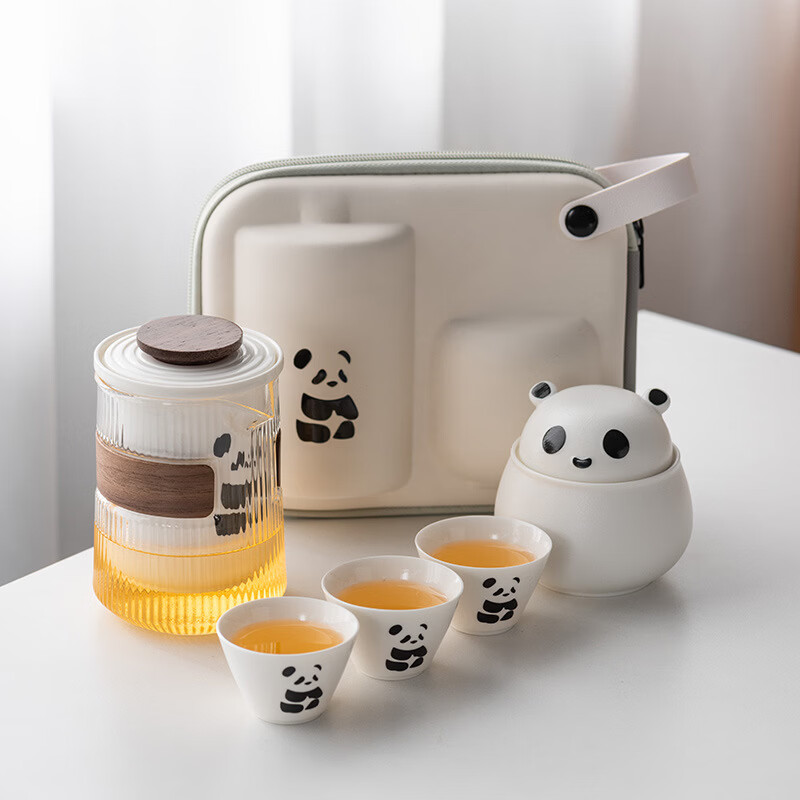 星舵熊猫功夫茶具茶杯套装便携式旅行茶具泡茶壶快客茶杯商务礼品 远山熊猫竹影/蓝-六杯+黑罐