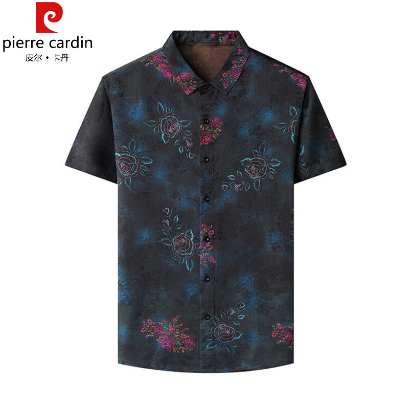 皮尔卡丹(pierre cardin)高级感冰丝短袖衬衫男士春夏季薄款中国风休闲无痕印花衬衣 红花 4XL 190/100A 185-200斤