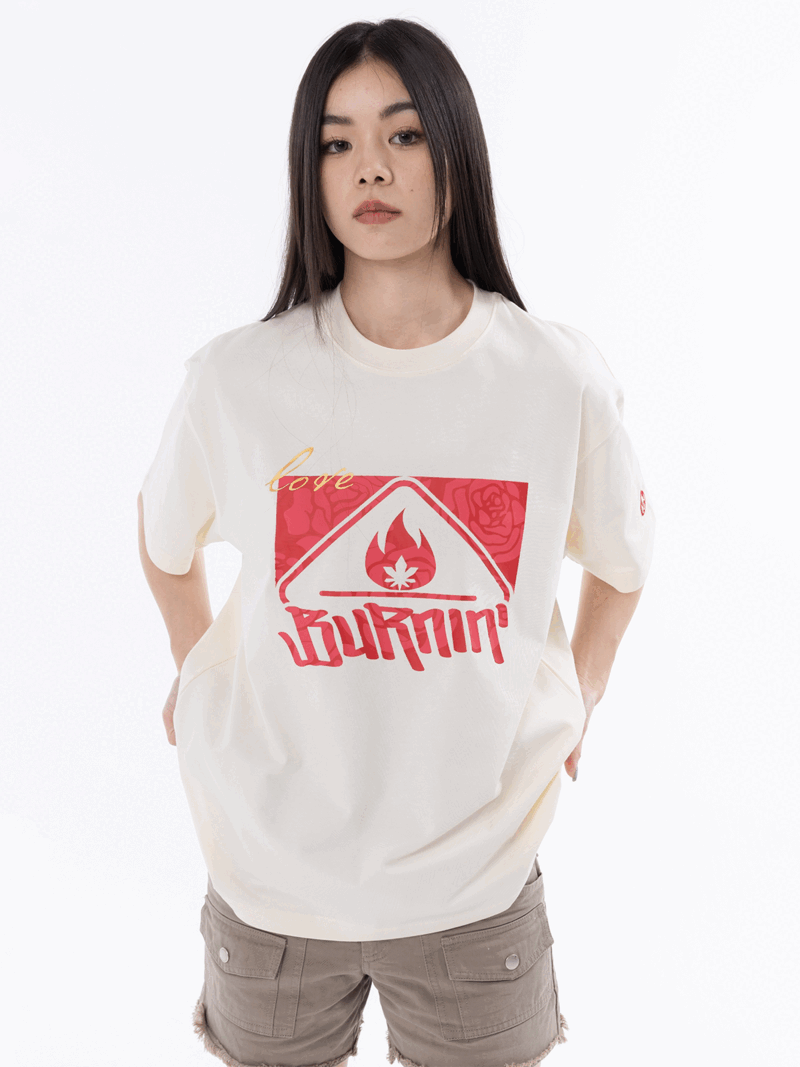 BURNIN【情人节限定】玫瑰方片印花短袖t恤男女街头宽松休闲上衣 白色 现货 XL