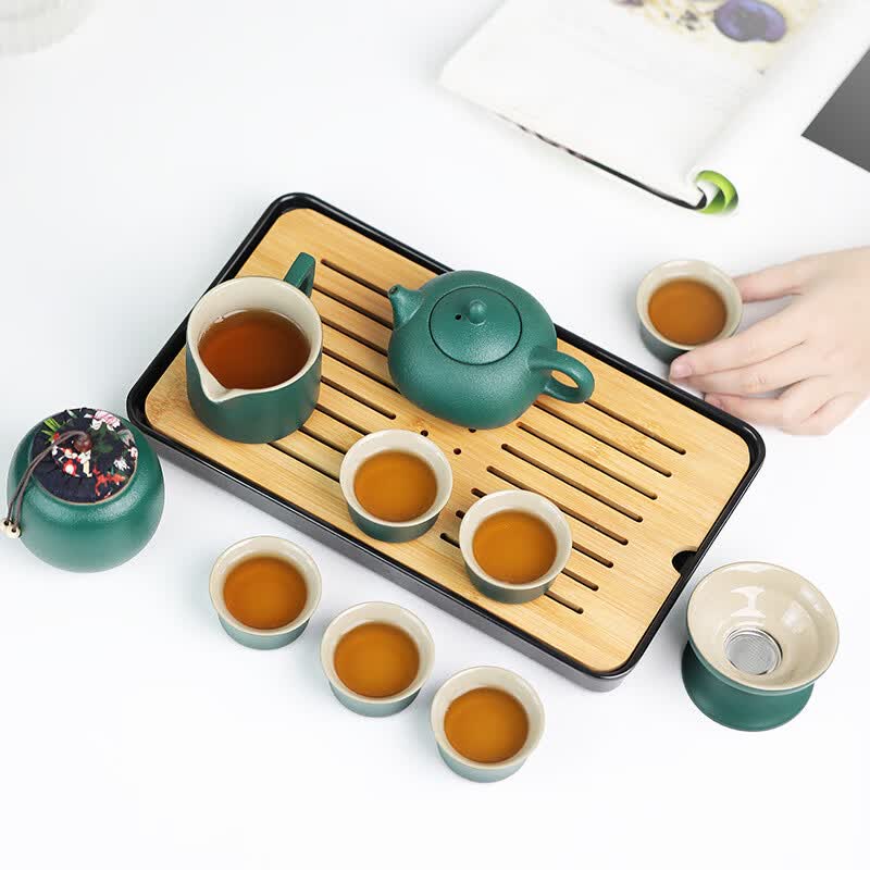 星舵旅行茶具套装茶盘家用功夫茶杯户外便携式泡茶壶陶瓷商务礼品 绿/提梁壶16头礼盒