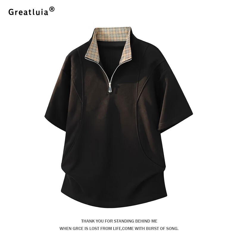 GREATLUIA夏季纯色立领半开衫男青年撞色领宽松透气潮牌休闲设计感短袖 黑色 L