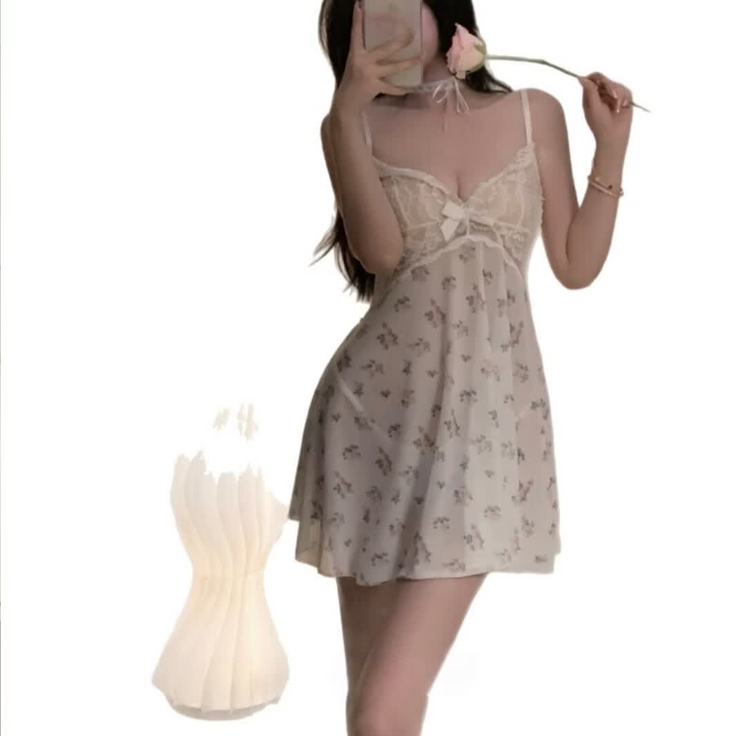 网纱纯欲风碎花连衣裙女生性感蕾丝吊带免脱诱惑睡衣 蝴蝶 均码