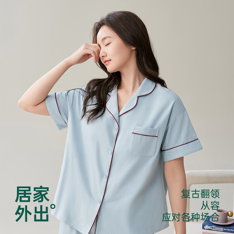 安之伴【巨凉感】100%纯棉睡衣女春夏季简约开衫翻领短袖短裤520 牛仔兰【柔软入眠-超舒适】 L