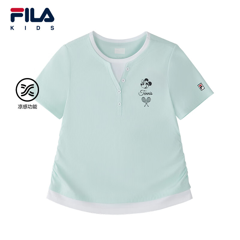 FILA斐乐迪士尼米奇合作系列童装短袖T恤2026年夏季新款女中大童 云淡蓝-LB 160