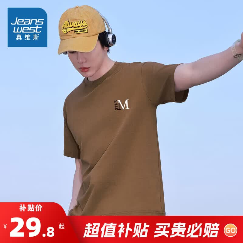 真维斯男装2夏季款美式潮流百搭字母多图印花纯棉短袖T恤上衣潮NXP 173BS5啡色2900 L 175/96A