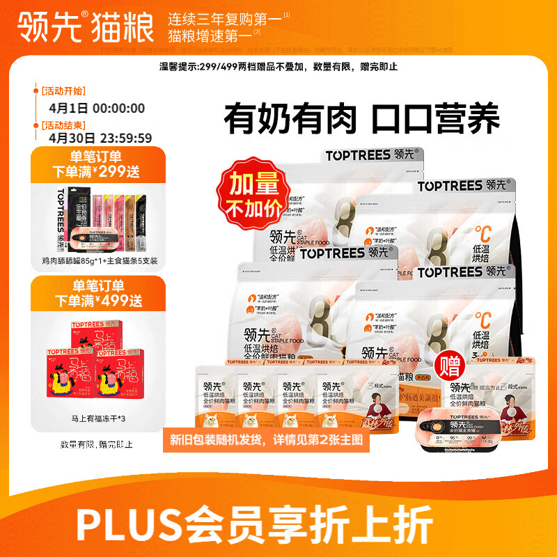 领先羊奶鸡烘焙粮1.5kg*4试吃230g 舔舔罐85g*2猫条14g*5plus313元 - 线报酷