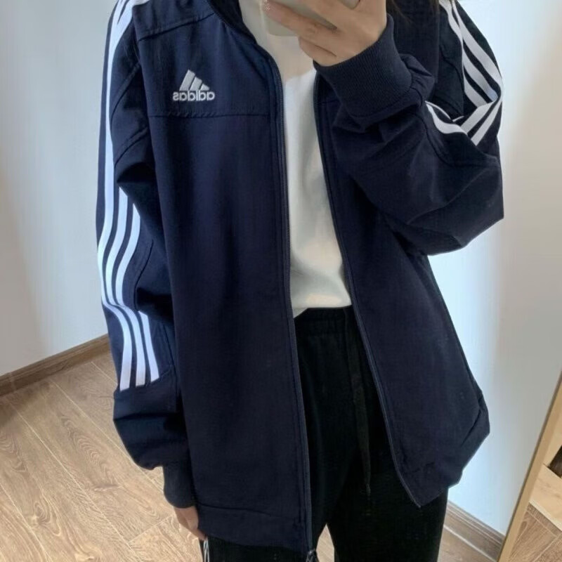 阿迪达斯（adidas）三叶草QQ糖外套纯棉刺绣经典三条明星同款男女学生春秋季运动夹克 阿迪达斯藏青色刺绣款 2XL 建议180-185CM 160-180斤