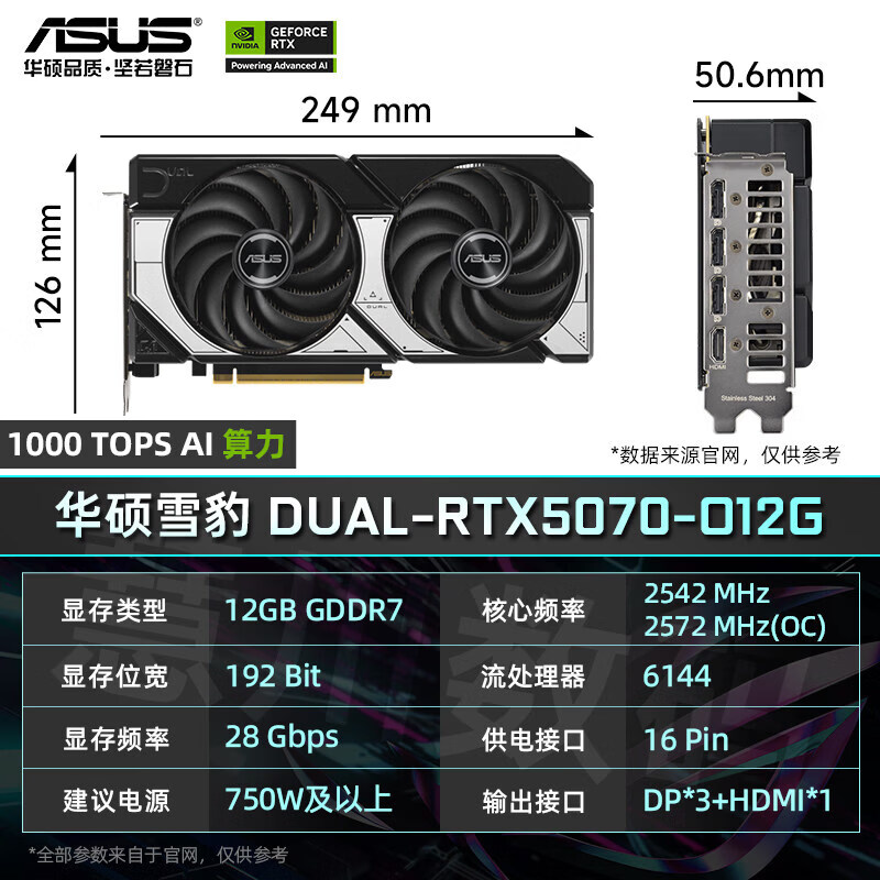 华硕（ASUS）（ASUS）RTX5070/Ti显卡 PRIME大师台式电脑游戏直播渲染AI算力 12GB  DUAL-RTX5070 O11