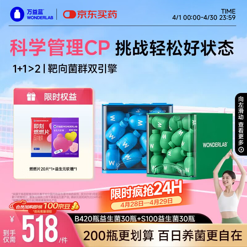 万益蓝（WONDERLAB）早B420晚S100组合30瓶+30瓶 B420益生菌S100益生元棕色脂肪