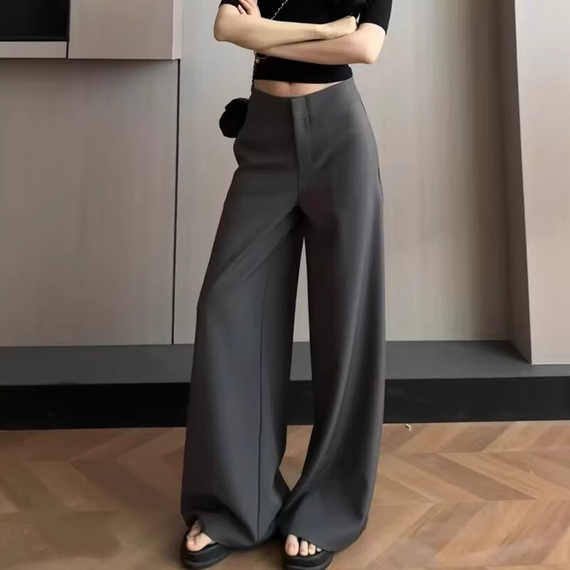 YOUNVFR美式慵懒风设计感西装裤女春夏时尚松弛感低腰拖地裤阔腿裤休闲裤 卡其色 L