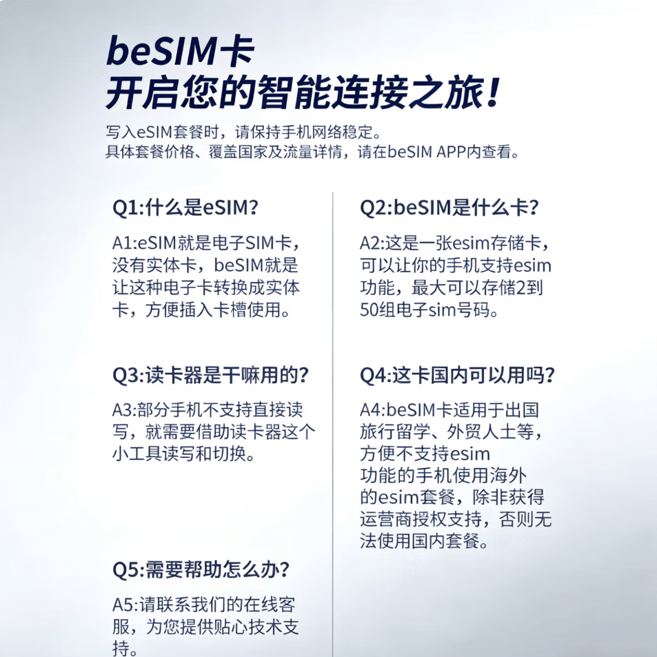 beSIM倍塔信eSIM卡套装/安卓苹果通用/高颜值eSIM卡/商务旅游必备 450K eSIM卡+读卡器