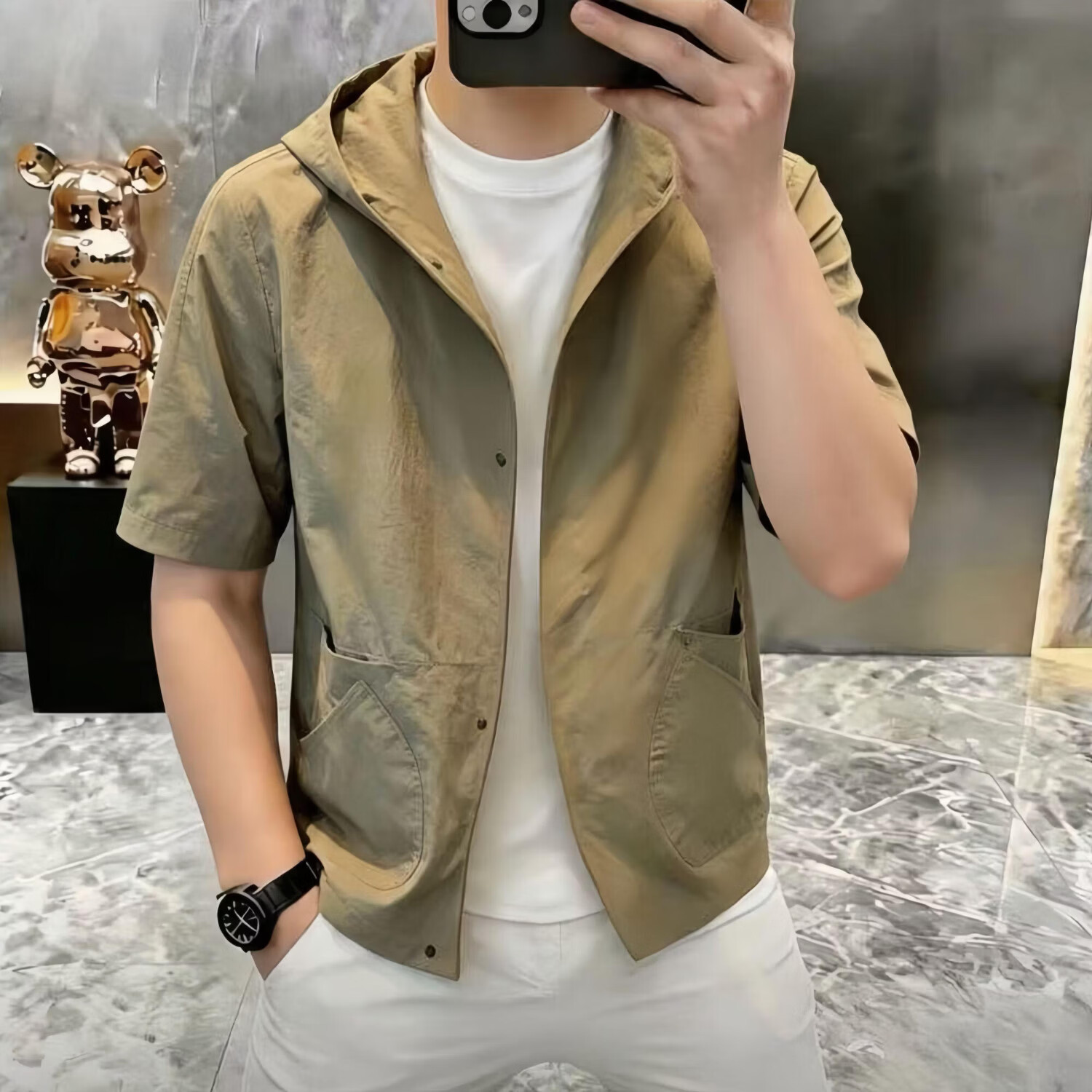 【专柜正品】高档夏季男士连帽短袖衬衫休闲百搭痞帅外套潮流男C 卡其色 【设计师新款】 L 【建议110-125斤】