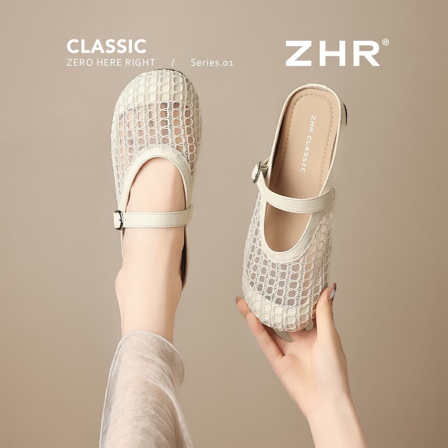 ZHR则则拖鞋女法式平底包头半拖新款网面透气玛丽珍单鞋凉鞋 LR16米色40