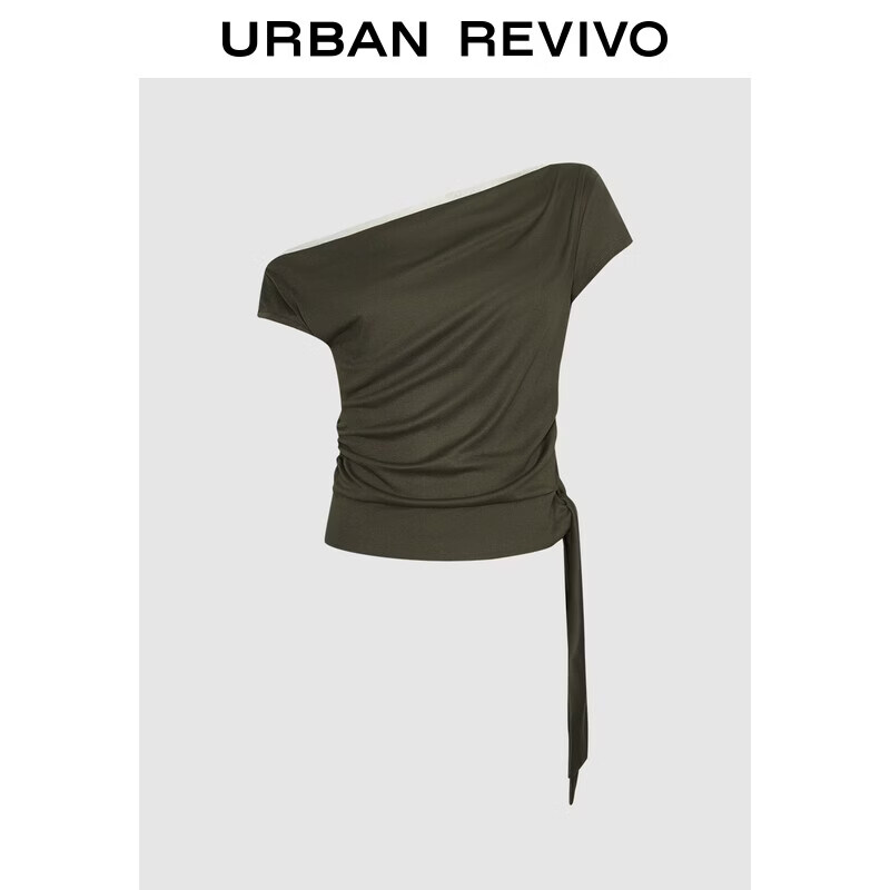 UR2026夏季新款女装休闲简约造型感斜肩堆褶绑带T恤UWH460046+# 深棕绿 M