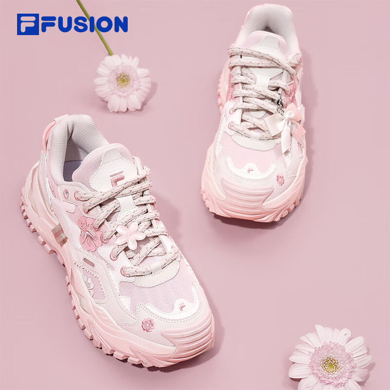 FILA FUSION 斐乐潮牌硬糖女鞋2026夏季新款厚底老爹鞋网面运动鞋 【樱花】羊皮纸粉/香雪白-PW 37.5