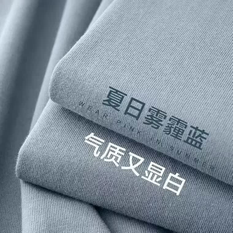 BEFUN新疆长绒棉短袖二本针100%纯棉230克重磅纯色圆领男女白t恤 230克-雾霾蓝 XL 【140-155斤】