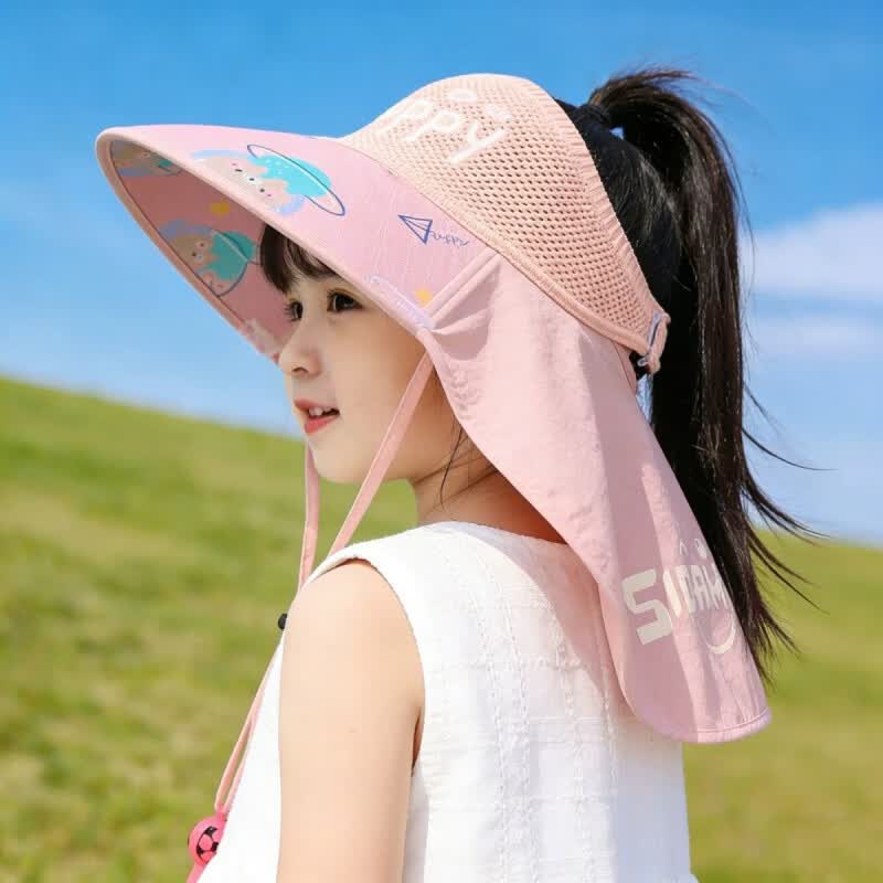 G.duck小黄鸭儿童防晒帽男女童夏季大檐遮阳帽女孩可扎马尾透气户外空顶 星球-粉色 3-13岁帽围48-56cm可调节